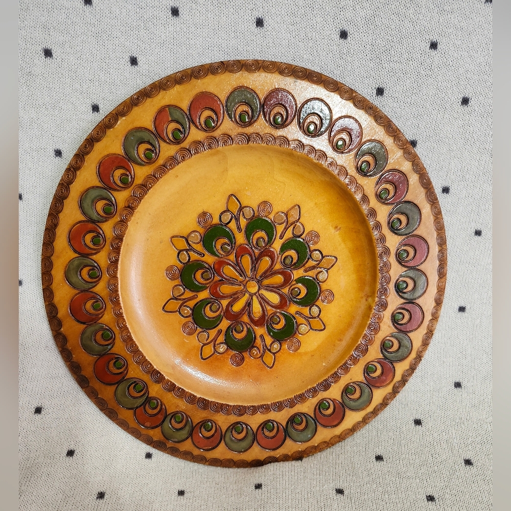 Polish Wood Plate Pyrography 9.25” Folk Art Floral Theme Vintage Slavic Art